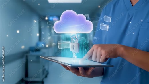 Doctor holding tablet with secure cloud icon symbolizing protected medical record, healthcare data privacy, digital security, and encrypted patient information in modern hospital system.
