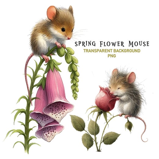 Spring Flower Mouse PNG Clipart: 15 Whimsical Mice Graphics Transparent Background Watercolor Sublimation Print - Etsy