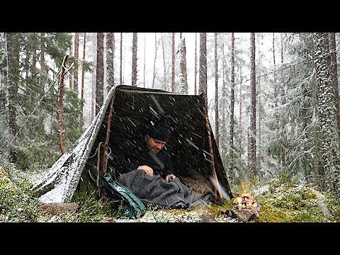 Bushcraft Winter Overnight - Canvas Poncho Shelter In Windy Snowy Conditions