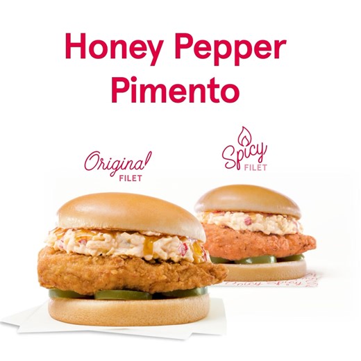 Honey Pepper Pimento is back with a spicy sidekick. Try our savory pimento cheese, pickled jalapeños, and honey drizzle with an original or spicy filet, available for a limited time. | Chick-fil-A