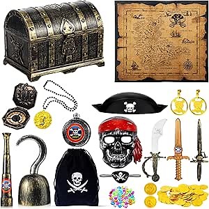 116 Pieces Pirate Treasure Toys, Pirate Treasure Box with Coins Jewels Gems and Pirate Map Compass Telescope for Boy Girl Halloween Cosplay Props Pirate Theme Party Decoration Favor (Cute Style)
