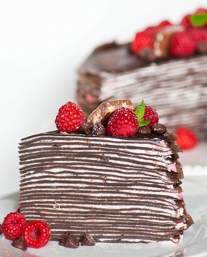 Chocolate Raspberry Crepe Cake Recipe (video)