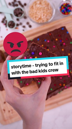 Storytime - the time I was trying to fit in with the bad kid crew..... ✨Recipe: Rice Krispie Treats: 3 tablespoons butter 5-1/2 cups Mini Marshmallows 6 cups Rice Krispies cereal 1/2 cup Chocolate chips (or use Cocoa Rice Krispies) Directions: 1. In large saucepan melt butter over low heat. Add marshmallows and stir until completely melted. Remove from heat. 2. Add Rice Krispies and stir until well coated. 3. Using buttered spatula or wax paper evenly press mixture into 13 x 9 x 2-inch pan coate
