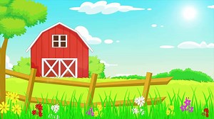 A cartoon farm scene with a red barn and trees