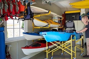 Get organized with SUSPENZ Kayak products. Garage storage cradles, racks, carts, and rigging stations. Every kayak fisherman needs to check out SUSPENZ for their kayak fishing addiction! #fishing #kayakfishing #fishingkayak #icast | Kayak DIY