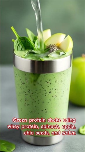 Green protein shake using whey protein, spinach, apple, chia seeds, and water #proteindrink