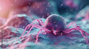 Tumor microenvironment concept with cancer cells, T-Cells, nanoparticles, cancer associated fibroblast layer of tumor microenvironment normal cells, molecules, and blood vessels 3d rendering, 4K