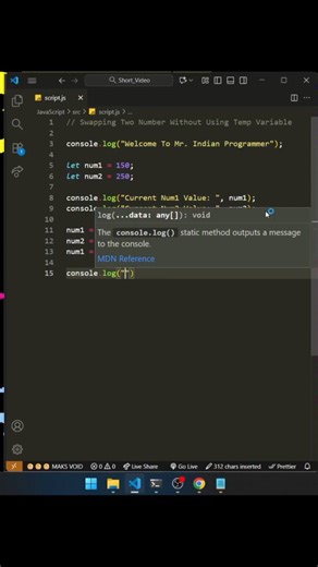 MR_INDIAN_PROGRAMMER on Instagram: "swapping of two numbers in javascript #javascript #html #css #ai #interview #jobs #like #share #follow #viral #trending #instagram #coding #programming #tech #technology #webdev #webdesign"