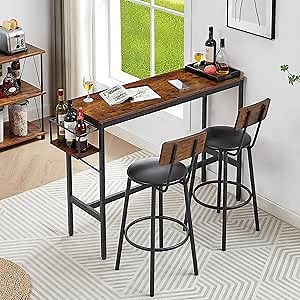 Dining Table Set for 2, Bar Table and Chairs Set, Industrial Counter Height Bar Table with Wine Rack, and 2 PU Upholstered Seat Stools with Backrest & Footrest, for Kitchen, Bar, Rustic Brown