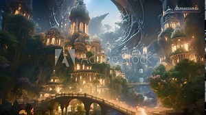 Beautiful fantasy landscape in the fantasy world. Artistic style, A thriving hidden oceanic civilization with enchanting architecture, bioluminescent plants, and mysterious inhabitants, AI Generated