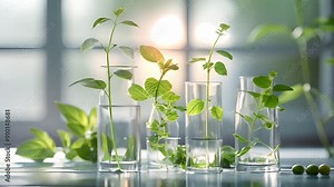 Examples of young plants growing in different types of scientific glassware in a lab environment, Growing plants in test tubes. Sustainable environment and education