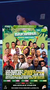 🚨Bakwena Music Festival 🚨 🎤 Vee Mampeezy, Franco, Paige, Charma Gal, Ntate Stunna, Dalom Kids, Vukani , Oska Bora Techere, Figos, Rudo Mc THABO 📆 31 December 📍 Molepolole Stadium 🎫 General P100 Double P 150 At the Gate P150 VIP P750 VVIP P1500 #MoreTalkMoreMusic | Duma FM