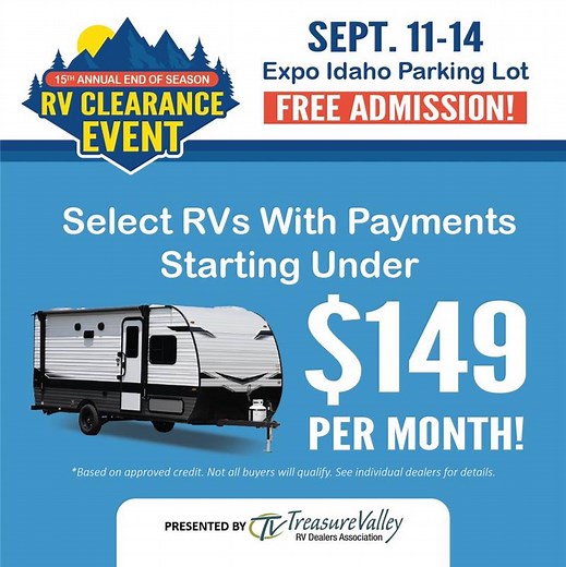 🎉 It’s that time of year again! 🎉 Join us for the 15th Annual End of Season RV Clearance Event at The Expo Idaho – Sept 11-14! 🚐 HUGE savings on travel trailers, fifth wheels, motorhomes & more 🎟️ FREE Admission 📍 Expo Idaho Parking Lot | Bish's RV - Meridian, ID
