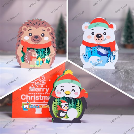 Set 3 Christmas 3D Pop-up Card Templates – Hedgehog, Penguin, Polar Bear | DIY Papercut Christmas Ornament | PDF SVG Studio Files - Etsy