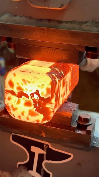 Spent some time helping out my good friend Rob @reluctant_lightning_forge forge a 5lb hammer a couple weeks ago. Here he is forging the 2 3/8” round bar(4140) down to flatten the sides just enough. Our 12T press got the job done, but only just. After that we punched and drifted the eye. The rough forging is done now ready to get cleaned up on the grinder then heat treated. I’ll post more of the process soon, and as soon as it’s finished too. 💪🏻 #fireironforge #reluctantlightning #4140 #hammer 