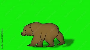 2d animated character of A big furry brown bear is moving and walking forward, sniffing and turning its head and neck around, looking for prey and food.