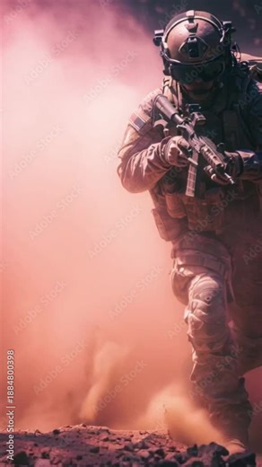 Tactical military operator in full combat gear holding assault rifle emerging through red smoke atmospheric environment