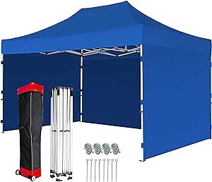 Commercial Canopy Tent Pop Up with 3 Sidewalls, 1 Roller Bag, 4 Ropes & 8 Stakes for Supplier Showcases, Trade Shows, Art Fairs(10x15,Blue)