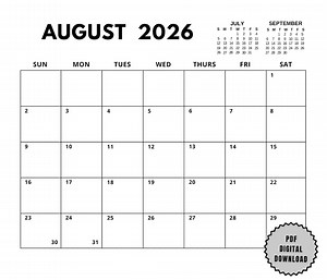 August 2026 Printable Calendar, Minimalist Monthly Planner, Digital Download, Dated Planner Sunday   Monday Start Landscape A4 US Letter PDF - Etsy