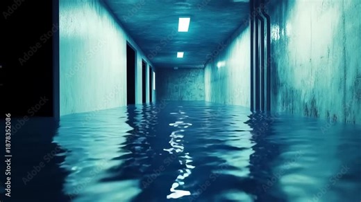 Clearing flood in electric room or basement, A flooded electric room in a basement being cleared, showing water removal efforts and safety equipment