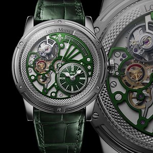 Watch the video of TEMPOGRAPH CHROME, the only visible 20-second retrograde mechanism, which highlights a visible cam and stake, and a visible balance wheel. This piece features a large central retrograde second hand, a continuous twenty-second sweep, and a second moving display at 9 o’clock, an openwork disc made of red, grey and black that marks out the three twenty-second sequences in each minute. TEMPOGRAPH CHROME is now available in steel with a green surround. Limited edition of 12 watches