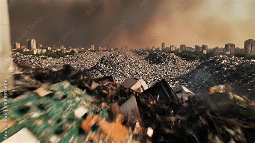 E-Waste Landfill with City Skyline - A wide shot shows a landfill of electronics including old computer monitors and printed circuit boards with a skyline of buildings in the background, under a sky