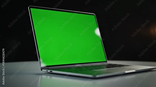 Green Screen laptop frameless camera rotation around the device video includes a luma matte mask and tracking layer 30fps 4k uhd scene 4 with distortion, overlay, glitch, static noise, scan lines on