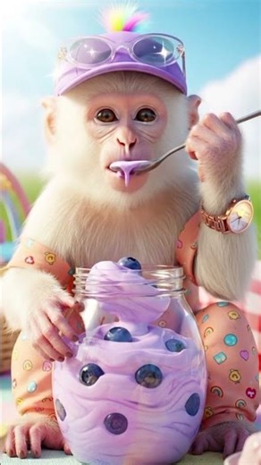 Baby Monkey Tries Blueberry Ice Cream 🍦🫐😱 | Cold Reaction Will Melt Your Heart!