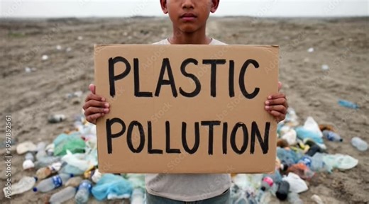 Young person holds a compelling 'Plastic Pollution' sign surrounded by discarded waste on barren ground