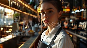 A woman bartender in evening wear at a cocktail bar, ready to serve customers.
