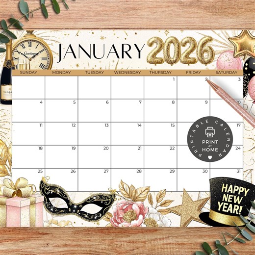 PRINTABLE Monthly Calendar, January 2026 PDF Download, New Year, Celebration, Gold, Glitter, Festive, Countdown, Party, Instant Download - Etsy