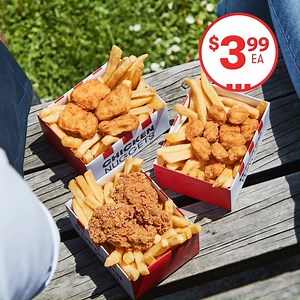 Summer snack boxes....Popcorn Chicken & Chips, 2 Wicked Wings & Chips, or 4 Nuggets & Chips for just $3.99. Hmm decisions, decisions | KFC