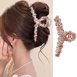 Flower Hair Clips for Women, Pink Floral Hair Claw Clips Small Flowers Hair Barrette with Leaves Cute Hair Accessories Non-slip Jaw Clips Acrylic Hair Clamp Strong Hold Hairpins for Thick Thin Hair