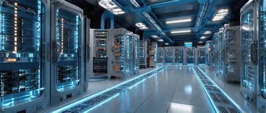Data Center Technology: Inside a futuristic data center, a symphony of glowing servers orchestrates the backbone of the digital age, conveying the power and complexity of information processing.