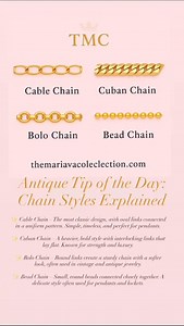 Antique Tip of the Day: 💗Chain Styles Explained💗✨ Cable Chain – The most classic design, with oval links connected in a uniform pattern. Simple, timeless, and perfect for pendants.✨ Cuban Chain – A heavier, bold style with interlocking links that lay flat. Known for strength and luxury.✨ Rolo Chain – Round links create a sturdy chain with a softer look, often used in vintage and antique jewelry.✨ Bead Chain – Small, round beads connected closely together. A delicate style often used for pendan