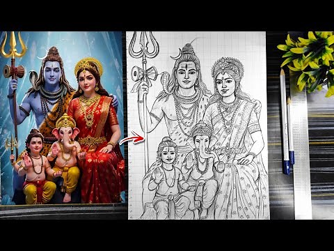 Lord Shiva, Maa Parvati, Ganesha & Katikeya Drawing, How To Draw Shiv Parivar, Mahashivratri Drawing