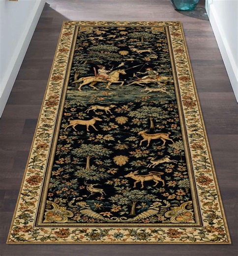 Medieval Hunting Scene Runner Rug Vintage Tapestry Hallway Area Rug