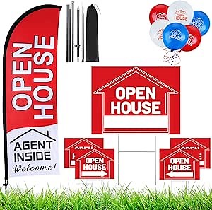 Buryeah Open House Signs Set (36 Pcs Total), 1 Open House Flag with Pole Kit for Yard, 5 Double Sided Real Estate Business Agent Directional Arrows Signs with Metal Stakes and 30 Balloons(Red)