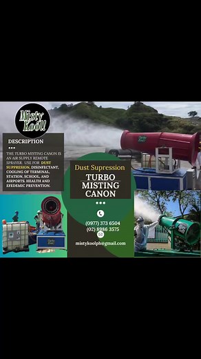 The TURBO MISTING CANON is an Air Supply Remote Sprayer. Use for DUST SUPPRESION✅, DISINFECTANT✅, COOLING OF TERMINAL STATION✅, SCHOOL✅, AIRPORTS✅ AND HEALTH EPEDEMIC PREVENTION✅for inquiry:📞 (0977) 373 6504/ (02) 8986 3575🌐 www mistykoolph.com📨 mistykoolph@gmail.comFB: Misty Kool Ph | Misty Kool Ph