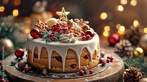 Decorating a Christmas cake with marzipan, fondant, and holiday-themed decorations, on a festive holiday table. . Video