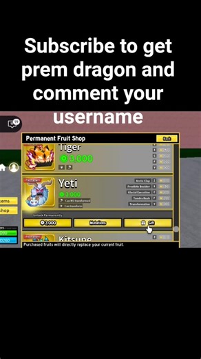 gift perm Yeti to my sub #bloxfurit #roblox