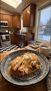 open-faced hot chicken sandwich smothered in gravy 🤍🍗 old-fashioned comfort food at its best. | Dictionary of recipes