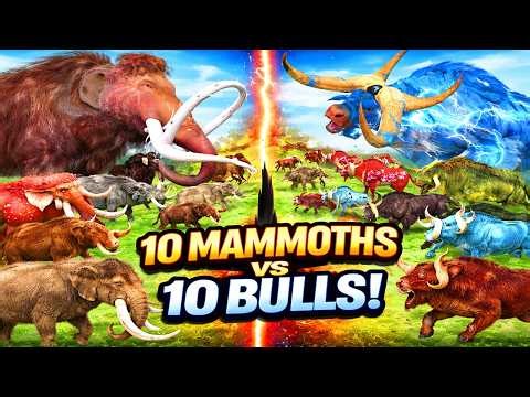 Prehistoric Animals 10 Woolly Mammoth Mastodon Elephant vs 10 Giant Big Bulls Epic Battle Simulator