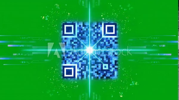 Chroma Key Overlay Element with qr code scanner animation on green screen futuristic barcode quick response scanning bar distortion, overlay, glitch, static noise, scan lines black background, 4k