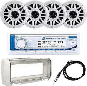 Dual Electronics MXP154SG Marine Radio | AM/FM Digital Media Receiver with Built-in Bluetooth | (4) 6.5″ Marine Stereo Speakers | Splashguard | Antenna | USB Playback with 2.1A Fast Charging | White