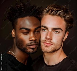 Relaxing gay couple. LGBT. Two young people kissing and hugging. Portraits of black and white men. young and handsome men, a romantic homosexual couple in love. Happiness concept, LGBTQ