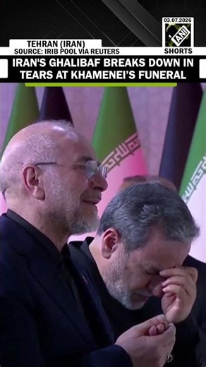 Iran's parliament speaker Ghalibaf cries at farewell ceremony of slain Supreme Leader Khamenei