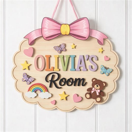 Personalized Girls Room Sign, Custom Name Wooden Door Sign With Bow, Nursery Wall Decor, Baby Girl Room Decor, Kids Bedroom Sign - Etsy