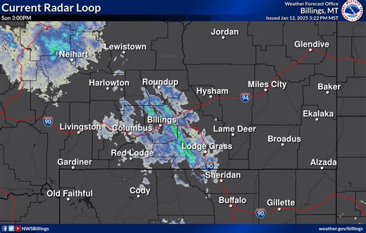 [1/12 3:40pm] Here's a current radar loop. Bands of snow continue, especially from just east of Billings toward Sheridan. Snow will continue in this area tonight. Heavy snow has already fallen in much of Big Horn, Sheridan & southern Rosebud Counties. Travelers stay safe! | US National Weather Service Billings Montana