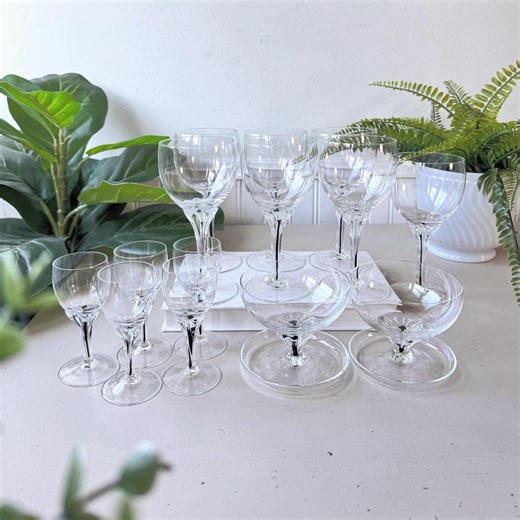 Vintage 1960s Crystal Stemware Set of 14, MCM Mid Century Floral Fluted Stems, Mixed Wine Glasses, & Dessert Coupes, Barware - Etsy